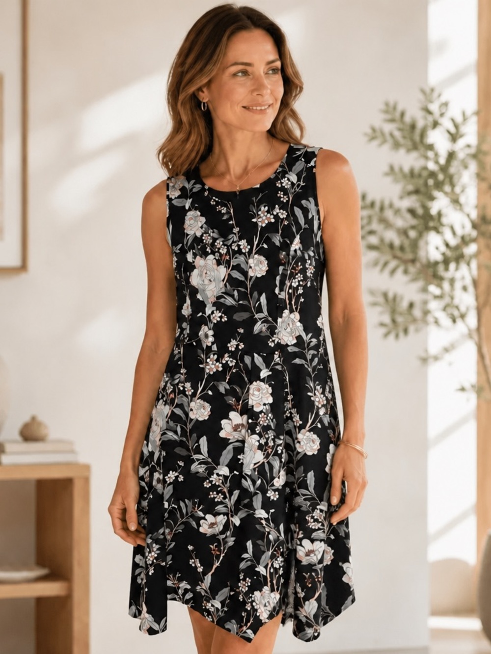 Charter Club Women's 12 Black Floral Ruffle Sleeveless Fit Flare Dress Career